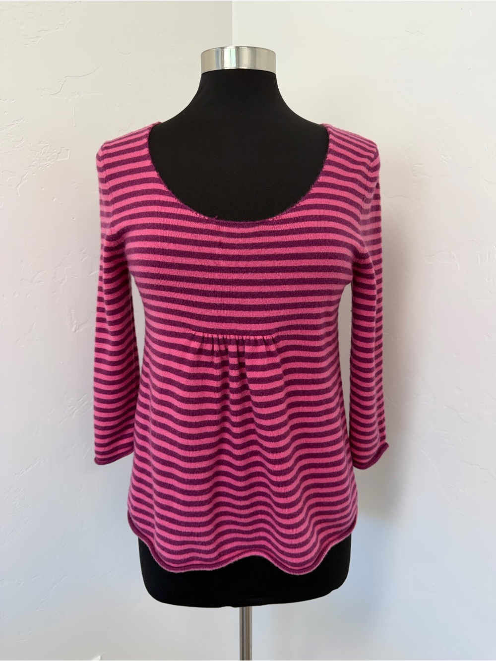 Garnet Hill Cashmere Pink Purple Striped Scoop-Neck 3/4 Sleeve Sweater Size S